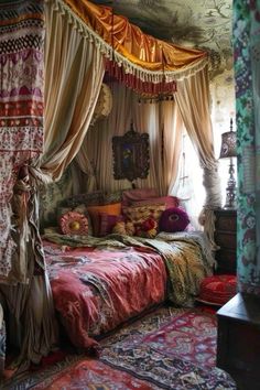 a bedroom with an elaborate canopy bed and rugs