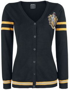 a women's cardigan sweater with a hogwart crest on the front and yellow striped sleeves