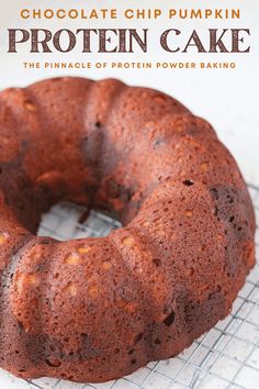 a chocolate chip pumpkin protein cake on a cooling rack with the title text overlay