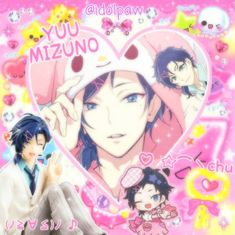 two anime characters sitting next to each other on a pink background with the words you mizuno