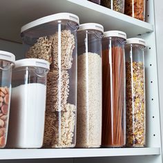 an organized pantry filled with cereal and nuts