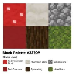 the block palette is shown with different colors and textures for each pixellated object in this image