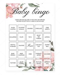 the baby bingo game with pink flowers on it