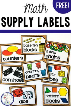 Keep your math center organized with these free storage labels. Labels with pictures make it easy for students to find math manipulatives all on their own. #classroomorganization #mathcenters #backtoschool #kindergartenmath #firstgrademath #teacherspayteachers Math Center Organization, Bridges Math, Teacher Resumes, Kindergarten Organization, Daycare Organization, Classroom Organization Elementary, Math Board, Morning Tubs, Center Labels