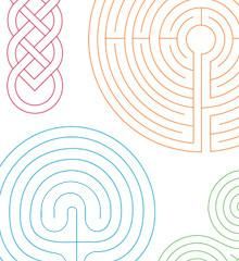 four circular mazes in different colors on a white background