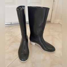 Chanel Rain Boots, Size 36, Used, Authentic, Black With Chanel Prints Inside. A Little Peel Inside Shown In Pic. Natural Worn Signs Like Scratches On Sides Of Boots Where Feet’s Rubbing When Walked (In Pics). Chanel Prints, Chanel Rain Boots, Shoes Chanel, Chanel Black, Chanel Shoes, Rain Boots, Chanel, Walking, Women Shoes