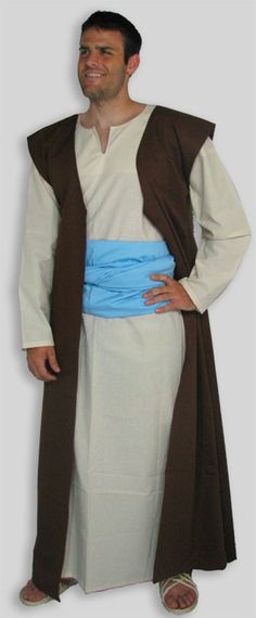 Well-made long vests are cotton, and fit anyone from 5' 5' to 6'3. This type of vest was worn in earlier periods, including Biblical era. It was also much later and would work with many periods of garb, Great for VBS or SCA or LARP or Halloween, many different uses to drum up a costume.. I also make all the other items in the picture. And long vests of other sizes and colours can be custom-made for you. I own Garb the World (dot com) which sews all items here in the USA mostly with fabric also m Bible Character Costumes, Bible Clothing, Biblical Clothing, Biblical Costumes, Rope Sandals, Bible Characters, Long Vests, Bible Time, Costume Design