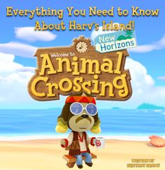 an animal crossing character is standing in front of the ocean with a sign that says, everything you need to know about harry's island