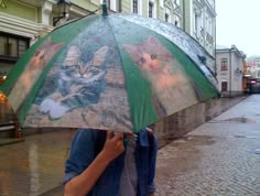 a person holding an umbrella with pictures of cats on it and one cat is looking at the camera