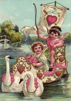 an old fashioned valentine's day card with two children on a swan carriage