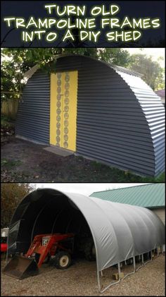 two pictures with the words turn old trampoline frames into a diy shed