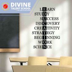 a classroom wall decal with the words learn, study, discovery and creativity in it