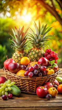 a basket filled with lots of fruit sitting on top of a wooden table next to trees