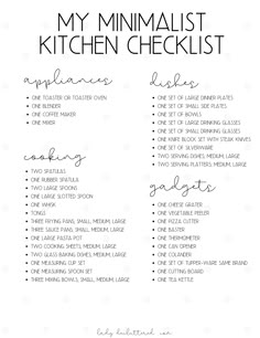 the my minimalist kitchen checklist is shown in black and white with text overlay