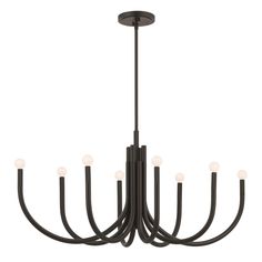 a black chandelier with eight lights hanging from the ceiling