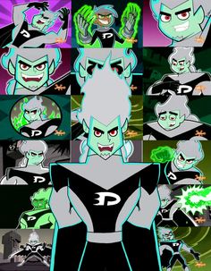 an image of cartoon characters with green eyes and black hair, all in different poses