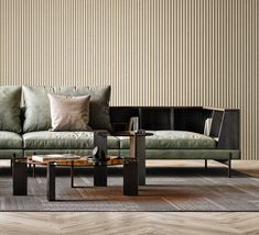 a living room with a couch, coffee table and bookshelf on the wall