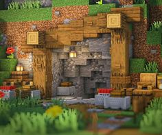 Minecraft Empty Space Ideas, Upgraded Village Minecraft, Mining Entrance Minecraft, Smelting Area Minecraft, Minecraft River Bridge, Minecraft Mine Entrance Ideas, Minecraft Cave Entrance, Minecraft Market