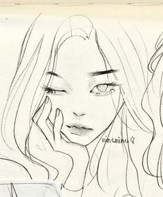 a drawing of a woman with her hand on her face and the other side of her face