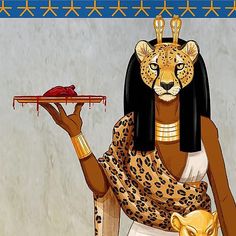 an egyptian woman holding a tray with a leopard on it