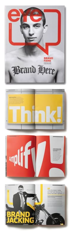 three magazine pages with different colors and designs on the front, one in black and white