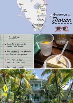 a collage of photos with palm trees and a house in the background, along with a map of florida