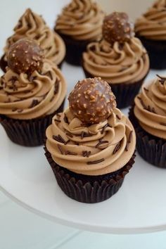 chocolate cupcakes with frosting and sprinkles on a white plate