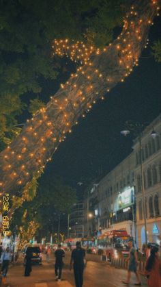 people walking down the street at night with lights strung from trees and buildings in the background