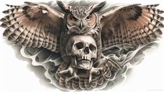 an owl sitting on top of a skull with its wings spread out and eyes wide open