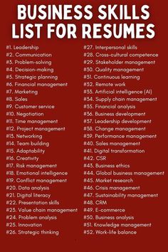 a red poster with the words business skills list for resumes