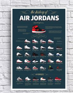 History of Air Jordan novelty poster.   This very high quality poster measures 12" x 18" and is professionally printed on white cardstock with a smooth uncoated lightly gloss surface. PLEASE NOTE: This poster was made as a way to commemorate this event and is not an official release at the time of event. Due to the variation of of monitor settings, colors may slightly vary on the actual print.   SHIPPING DETAILS: All items are shipped USPS First Class within 3 days of purchase.  Posters will be shipped rolled inside a cardboard tube.  We are happy to combine shipping if purchasing more than one poster.  Please contact us to arrange combined shipping. Nike Michael Jordan, Jordan Poster, Sneaker Posters, History Posters, Michael Jordan Shoes, Graphic Poster Art, Sports Art, Air Jordan Shoes, Paintings Art Prints