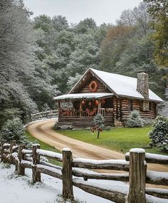 a log cabin with christmas wreaths on the front