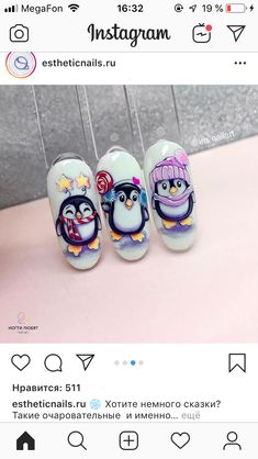 Disney New Years Nails, Penguin Nail Art, Flower Toe Nails, Penguin Nails, Nail Art Noel, Nail Art For Kids, Fancy Nail Art, Super Cute Nails, Holiday Nail Designs