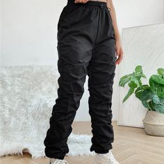 These Pants Are Cut Small Great Quality Fabric *Breathable* Trendy Black Stretch Sweatpants, Trendy Workout Bottoms With Pockets, Black High Waist Joggers For Spring, Black Drawstring Bottoms For Fall, Trendy Black Stretch Cargo Pants, Black Baggy Pants For Workout, Trendy Black Pants With Elastic Waistband, Baggy Black Pants For Workout, Trendy Black Workout Pants