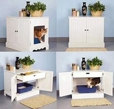 four different views of a cat hiding in a cabinet with its front door open and the bottom shelf closed