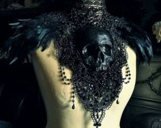 Midnight Black Catacomb Couture Feather and Skull Shoulder Piece Skull Shoulder Armor, Hysteria Machine, Beaded Clothing, Shoulder Piece, Goth Jewelry, Chest Piece, Gothic Wedding, Halloween Wedding, Midnight Black