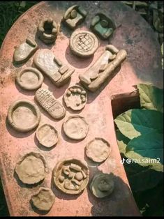 some clay pieces sitting on top of a piece of wood with leaves around them and other items in the background