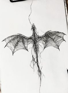 a drawing of a dragon with its wings spread out and long, thin roots sticking out of it's back