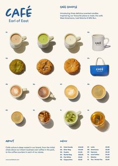 a poster with different types of cups and saucers on it's side, including coffee