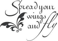 the words spread your wings and fly are shown in black ink on a white background