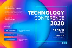 the technology conference poster is displayed on a purple and blue background with an abstract design