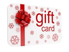 a gift card with a red bow and snowflakes on it's side