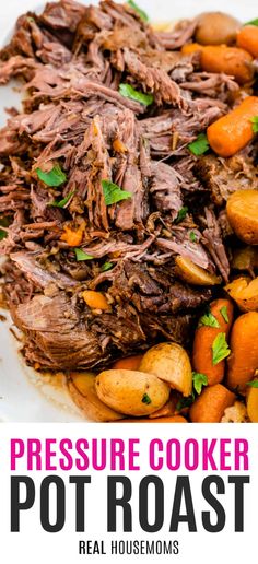 pressure cooker pot roast with potatoes and carrots on a white plate in the foreground