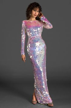 Elegant Sequined Backless Dress For Prom, Elegant Backless Sequin Dress With Contrast Sequin, Embellished Long Sleeve Maxi Dress For Gala, Backless Sequin Dress For Formal Occasions, Backless Contrast Sequin Evening Dress, Backless Sequin Dress With Contrast Sequin For Formal Events, Formal Backless Sequin Dress With Contrast Sequins, Long Sleeve Dress For Gala And Prom Season, Formal Backless Dresses With Contrast Sequin