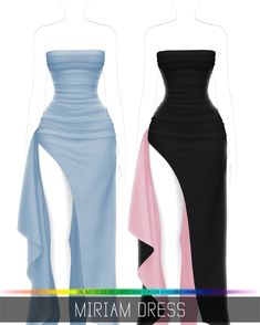 two different colored dresses on mannequins, one in black and the other in blue