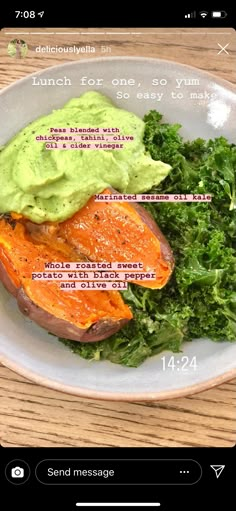 a white plate topped with an avocado covered sweet potato and lettuce