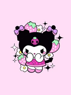 an image of a cartoon character with pink and white flowers in her hair on a pink background