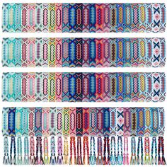 six rows of bracelets with different colors and designs on each strand, all lined up together