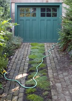 a green garage door with a hose connected to it in front of some bushes and trees