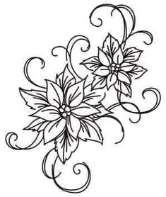 a drawing of flowers with swirls and leaves on the bottom, in black and white